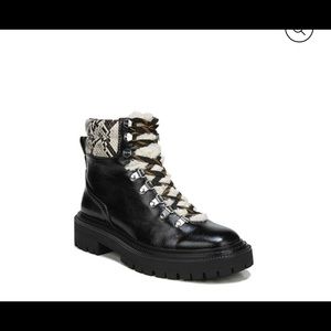 Brand New Sam Edelman Combat Winter Black Boots Size 7 Cozy Sherpa And Snakeskin